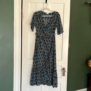 Silk & Salt Journey maxi dress. S small African Peacock blue green black print